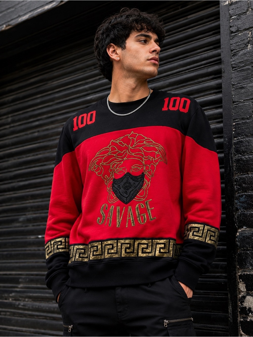 Hudson Jeans Savage Medusa Sweatshirt Red Black Greek Key Mens Large